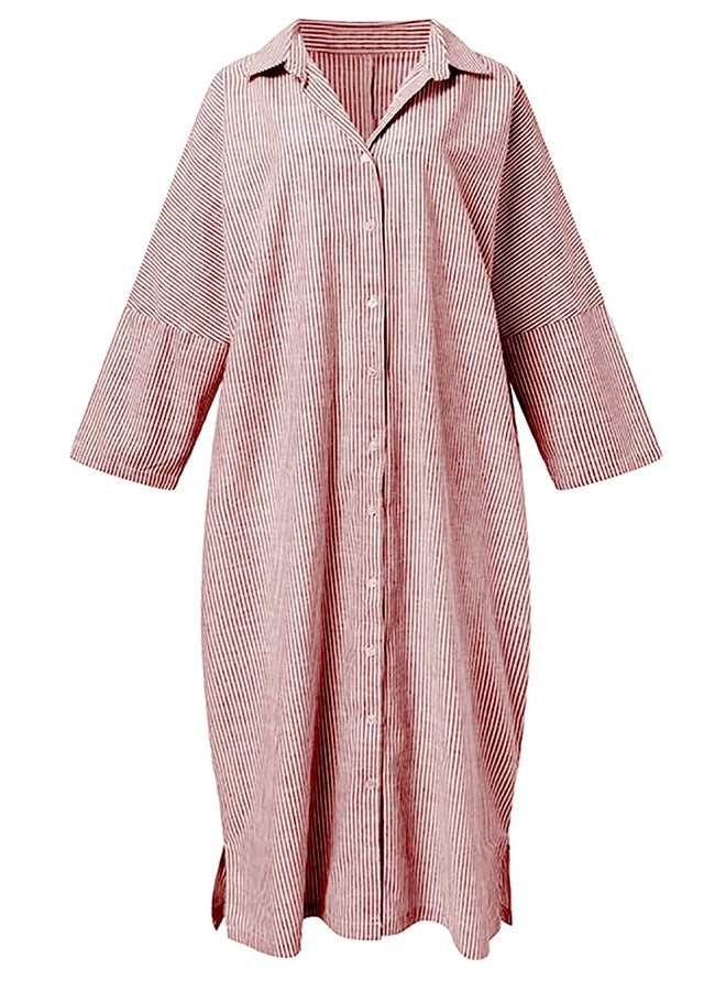 utcoco Womens Striped Long Sleeve Dress Casual Loose Button Down Cotton Maxi Shirt Dress (Large, Red) - Image 2